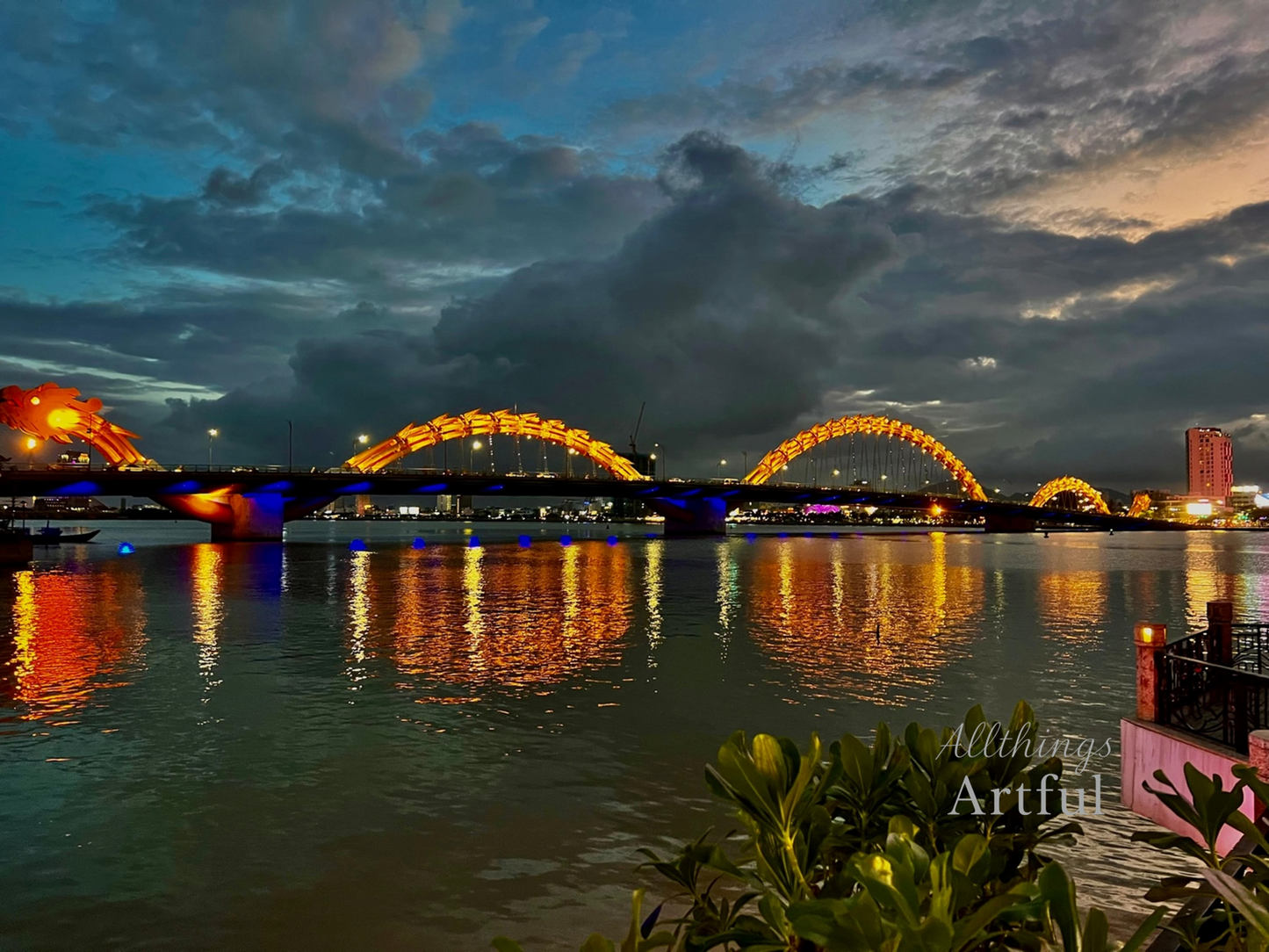 Dragon Bridge at Night | Da Nang Vietnam Illuminated Architecture | Printable Wall Art