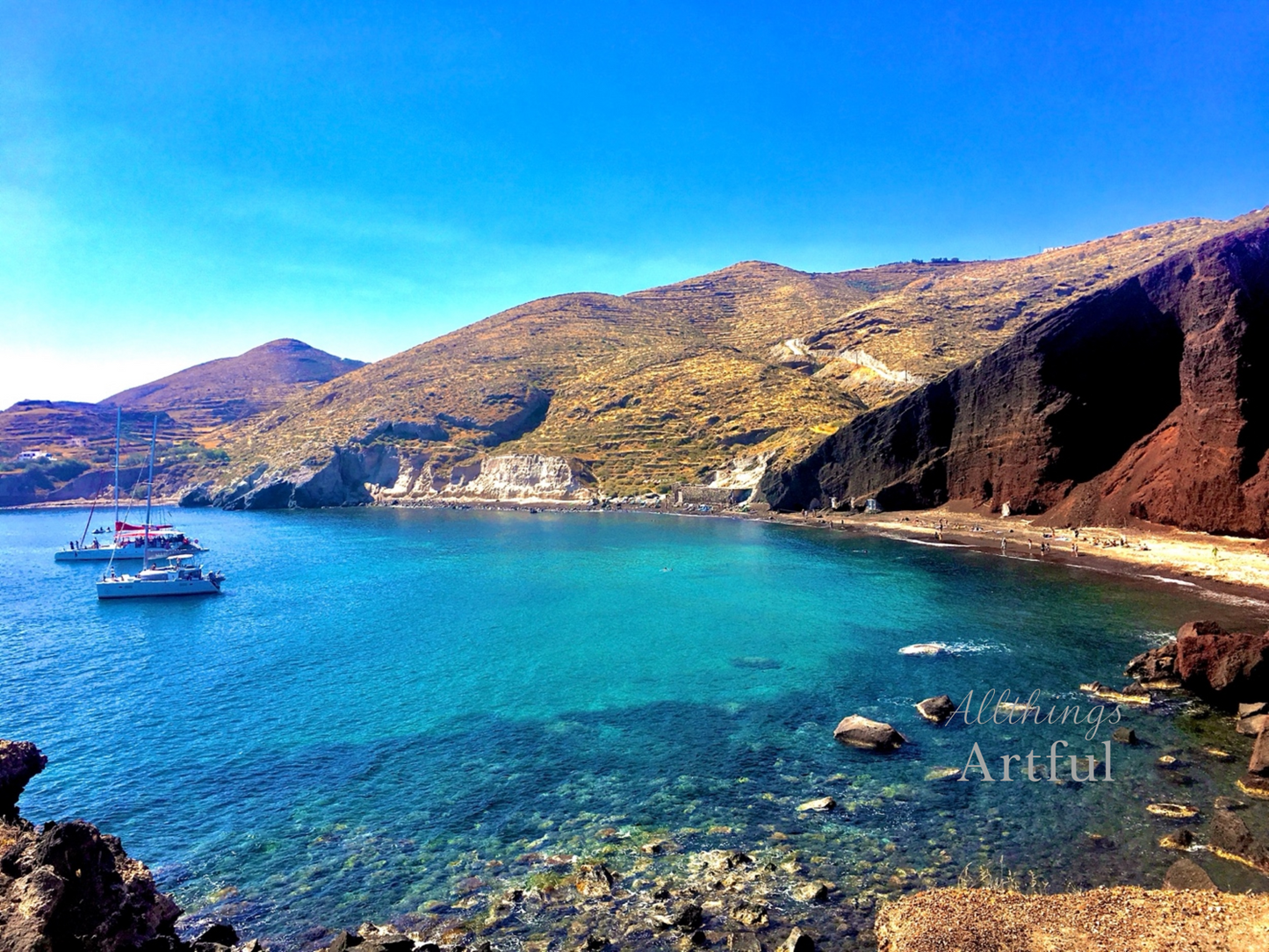 Sailboats in Sapphire Bay | Santorini Greece Mediterranean Coast | Printable Wall Art