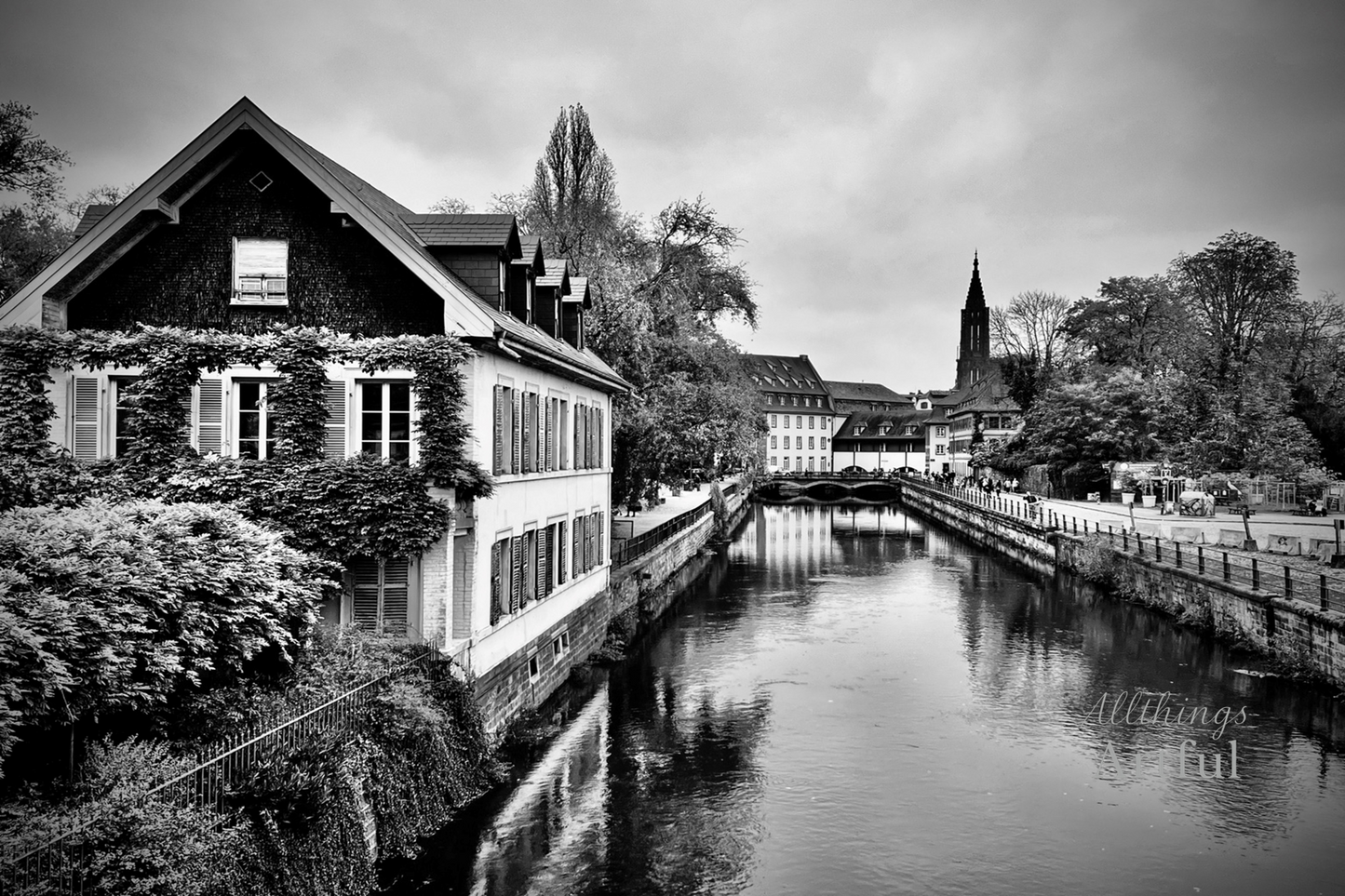 Still Waters of Strasbourg | France Canal Black and White Print | Printable Wall Art